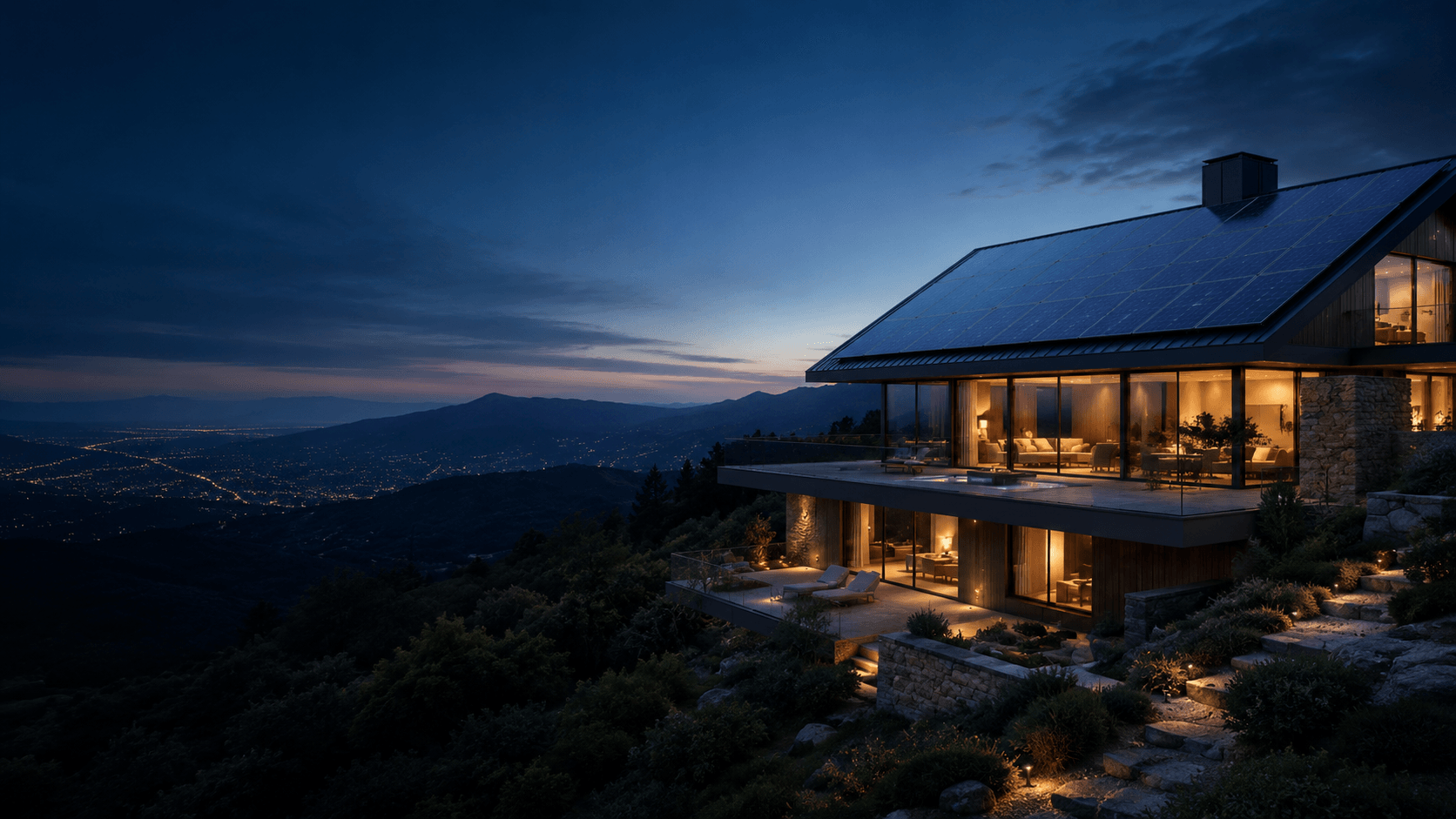 Hillside home with rooftop solar panels glowing at dusk over a valley of city lights